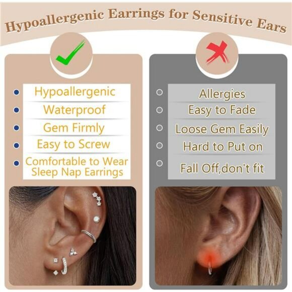 Gold flat back cartilage earrings set hypoallergenic hoop stud piercing - Picture 5 of 7